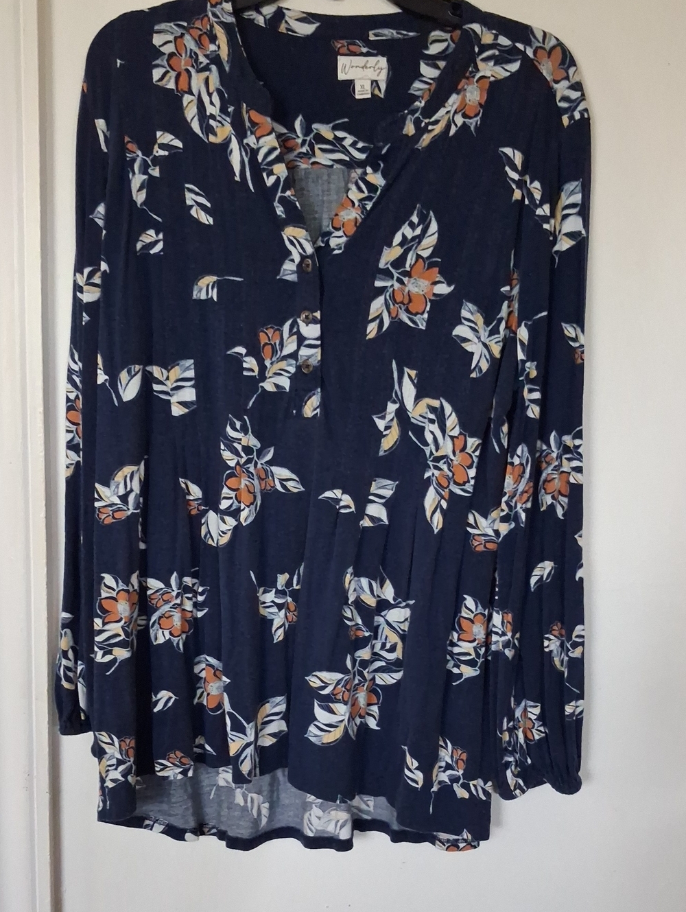 Wonderly Navy Floral Button-Front Long Sleeve Tee